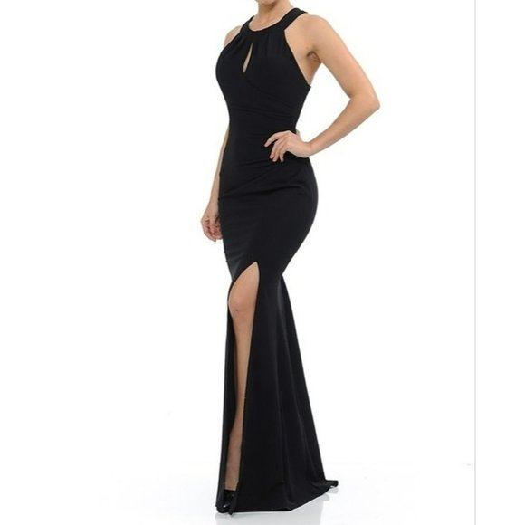 Lenovia Dresses & Skirts - Lenovia Crossback Halter Thigh High Slit Gown Black Size XXL NWT